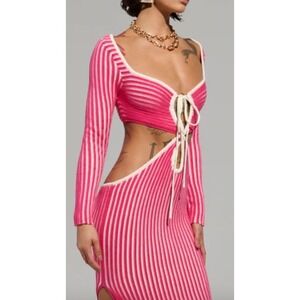 Azura Pink White Stripe Ribbed Cutout Lace Up Midi‎ Dress Size M